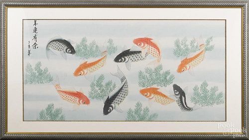 Japanese watercolor of koi, 20th c., 24'' x 48''.