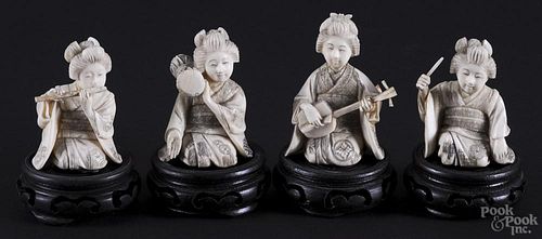 Four Japanese carved ivory female musicians, ca. 1900, approx. 3'' h.