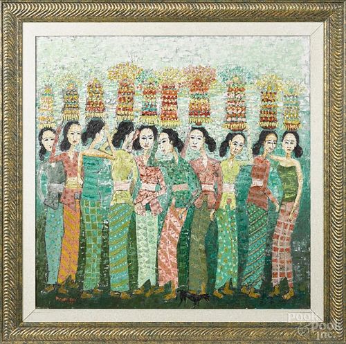 Haryadhi Solo (Indonesian 20th/21st c.), oil on canvas of figures with baskets, signed lower left