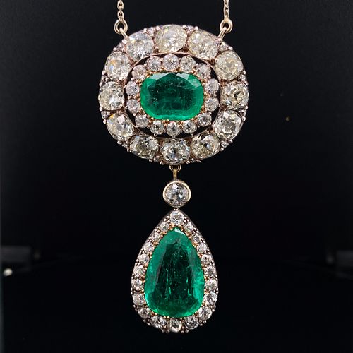 Victorian 18k & Platinum Colombian Emerald Diamond PendantÊ