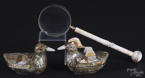 Two Chinese abalone veneer duck-form boxes, together with a magnifying glass