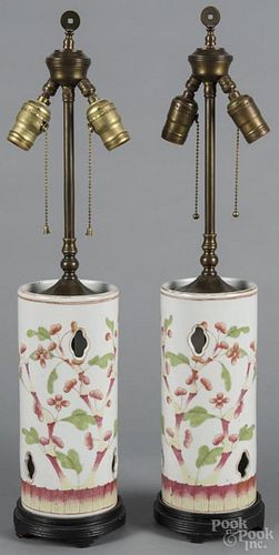 Pair of Chinese porcelain hat stands, mounted as table lamps, 11'' h.