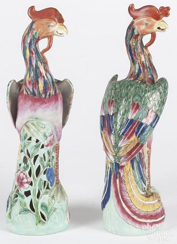 Pair of Chinese porcelain phoenix figures, 13 1/2'' dia., together with two Mottahedeh trivets