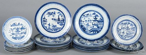 Twenty-one Chinese export porcelain Canton plates, 19th c., 7 1/4'' dia. and 10 3/4'' dia.
