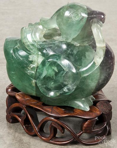 Chinese carved quartz duck with a stand, 6 1/2'' h.