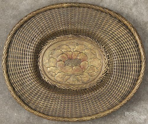Japanese woven and painted brass dish with a center chrysanthemum medallion, 7 1/4'' h., 8 1/2'' w.