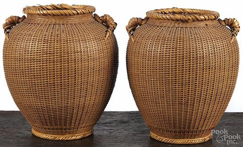 Pair of Japanese finely woven ikebana baskets, Meiji/Taisho periods, signed on bases, 10 1/4'' h.