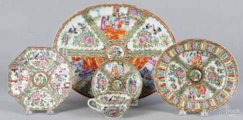 Chinese export rose medallion porcelain, to include a teacup and saucer, an octagonal plate, 7'' w.