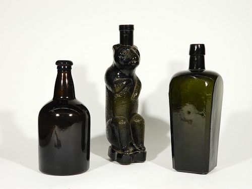 3 Antique Amber Olive Gin Bear Mold Blown Bottles