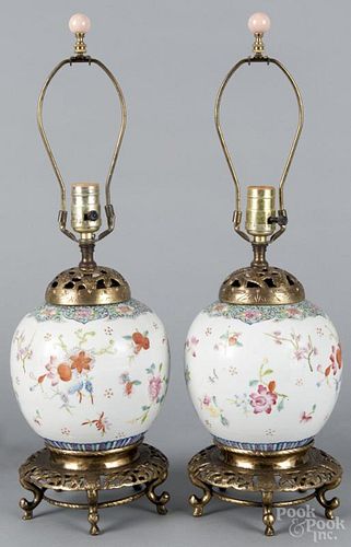 Pair of Chinese export porcelain famille rose ginger jars, 19th c., converted to lamps, 22 1/2'' h.