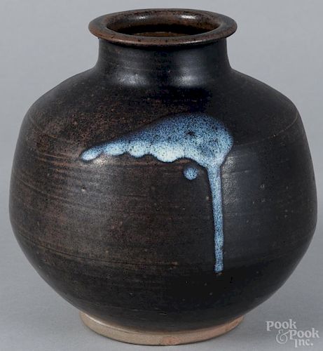 Japanese Shodai yaki vase with blue drip glaze decoration, unmarked, 7'' h.
