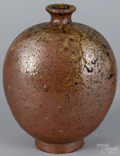 Japanese Tamba or Shigaraki ware sake jug with brown splatter glaze decoration, unsigned, 8 3/4'' h.