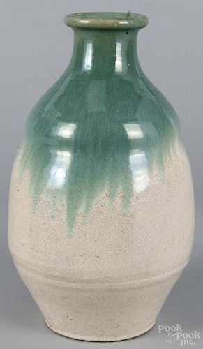 Japanese Shigaraki-ware water/sake storage jar with ivory craquelure and green drip glaze