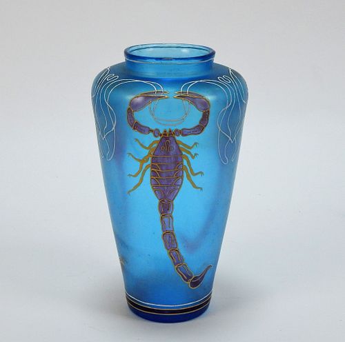 Czech Iridescent Enamel Scorpion Art Glass Vase
