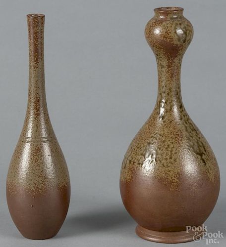 Two Japanese Bizen-ware flower vases, both signed on base, 10 1/4'' h. and 10 1/2'' h.