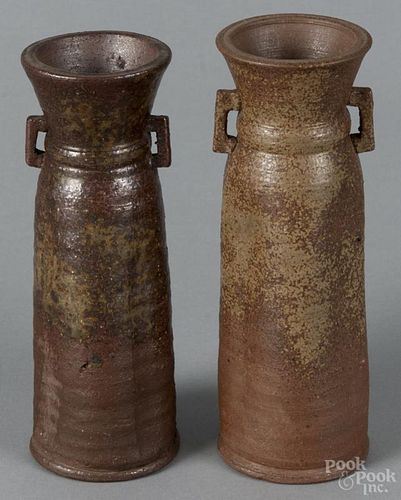 Near pair of Japanese Bizen-ware vessels, marked on bases, 7 1/4'' h. and 7 3/4'' h.