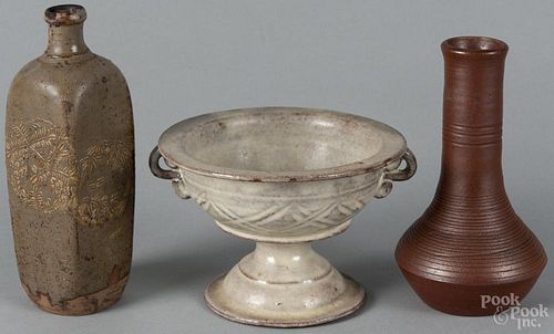 Three pieces of Japanese pottery, to include a two-handled, Shino-ware footed dish, 4'' h.