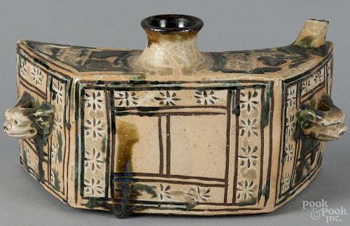Japanese Tsuboya-ware sake hip flask, Okinawa, Edo period, with incised decoration