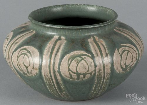 Japanese pottery vase, marked on base, 5 1/2'' h., 9'' dia.
