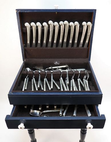 54PC Gorham Pewter Flatware With Standing Chest