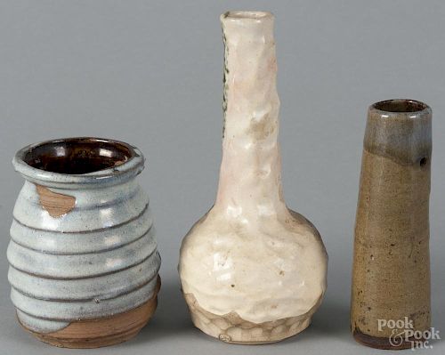 Three Japanese pottery vases, to include two wall vases, 4 1/2'' h. and 5 3/4'' h., and a bud vase
