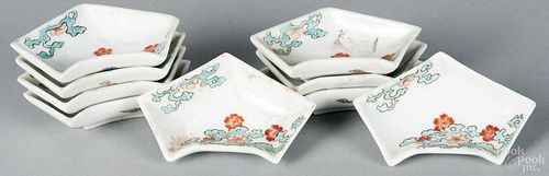 Partial boxed set of nine Japanese porcelain Kakiemon style sauce dishes, unmarked, 3 1/2'' l.