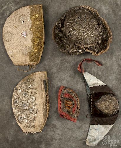 Five continental metallic lace and embroidered lady's caps, 18th/19th c., with foil