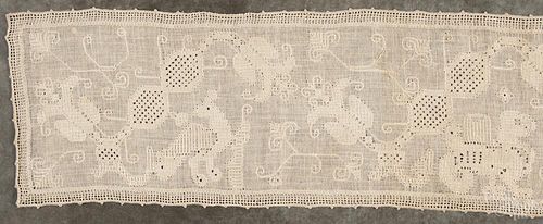 French woven linen table runner, late 18th c., with floral, bird, and animal needlework decorations