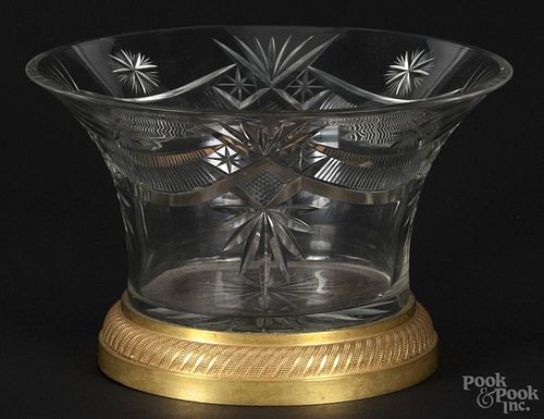 French cut glass circular bowl, 19th c., with a bronze base, marked on base interior L. C.