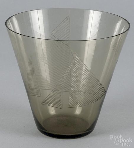Mid-century modern glass vase with etched sailboat design, marked Notsjoe F. K.
