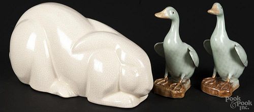 Porcelain figure of a reclining rabbit with craquelure glaze, unmarked, 6'' h., 11 1/4'' w.