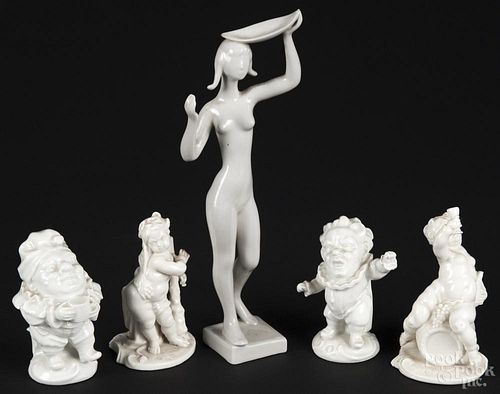 Continental blanc de chine porcelain figures, to include two Nymphenburg figures, two Ginori figures