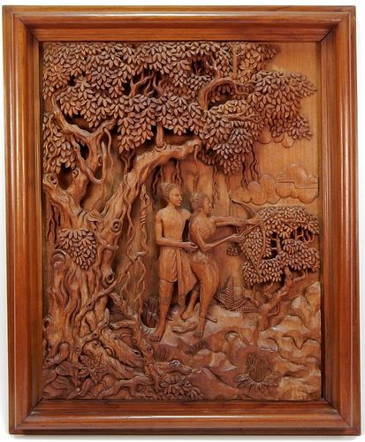 Indian Carved Wood Genre Scene Wall Plaque