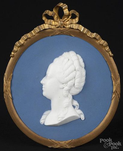 Ormolu mounted French blue and white jasper relief profile portrait of the Comtesse de Provence