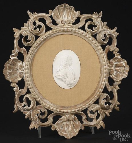 French plaster relief profile portrait of Louis XIV in a carved wood frame, 18th/19th c.