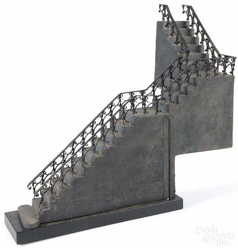 Victorian painted tin architectural staircase model mounted on a wood base, 18 1/4'' h., 20'' w.