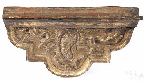 Continental carved, painted, and gilt corbel, 19th c., retaining an old painted surface, 8 1/2'' h.