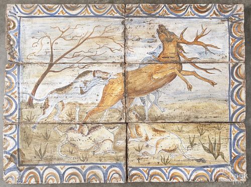 Two Continental hand-painted terra cotta tile hunting scenes, in the 16th c. style