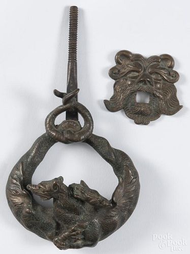Early Italian bronze and iron figural door knocker, 5 1/2'' h. Provenance: DeHoogh Gallery