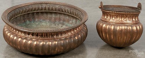 Continental copper lavabo with a bucket, 19th c., 7 1/2'' h., 20'' dia. Provenance: DeHoogh Gallery