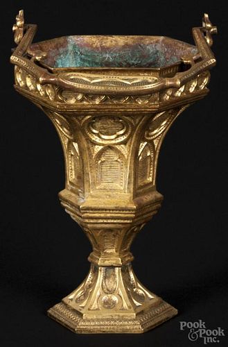 Cast bronze paneled vase, 19th c., with a swing handle, 10'' h. Provenance: DeHoogh Gallery