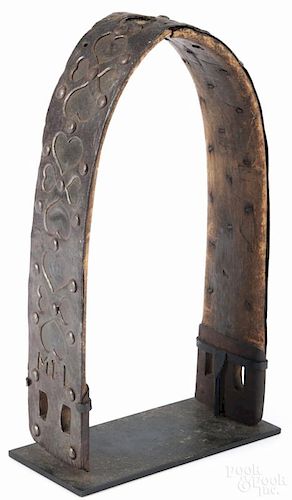 Wrought iron dog collar, 17th/18th c., with punched heart decoration and the initials SIS and MPD