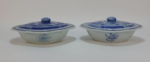 PR Chinese Nanking Blue and White Covered Tureens