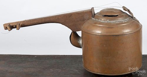 Folk art copper tea kettle converted into a stringed instrument, 19th c., 20'' l.