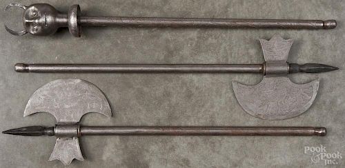 Pair of Indo-Persian engraved ceremonial axes and a demon head scepter, 27'' l.