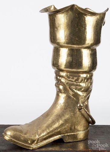 Brass boot-form umbrella stand, 19th c., 20'' h., 15 1/2'' w. Provenance: DeHoogh Gallery, Philadelphia