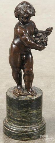 Bronze putti on a green marble stand, 19th/20th c., unmarked, 7 1/4'' h. Provenance: DeHoogh Gallery