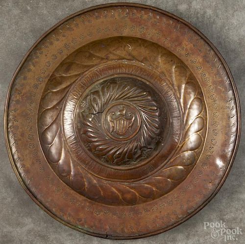 German brass alms dish, 17th c., with gothic lettering on the interior, 16 1/2'' dia.