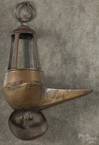 Continental whale oil lamp, 18th c., 7 1/2'' l. Provenance: DeHoogh Gallery, Philadelphia.