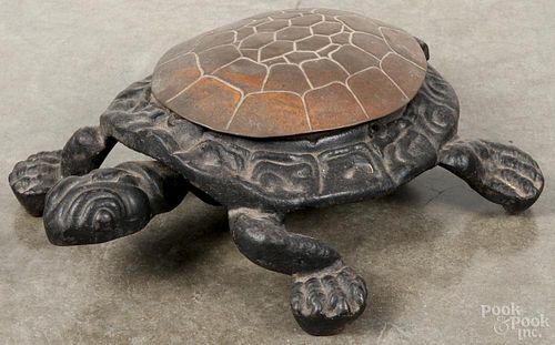 Cast iron turtle-form spittoon, 19th c., with a copper shell and the head serving as a foot pedal